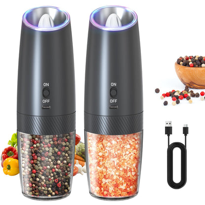 CIRCLE JOY Rechargeable Electric Salt and Pepper Grinder Set Gravity Salt and Pepper Mills Set with LED Light, No Battery Needed, Adjustable Coarseness, Washable 135ml Container, Black