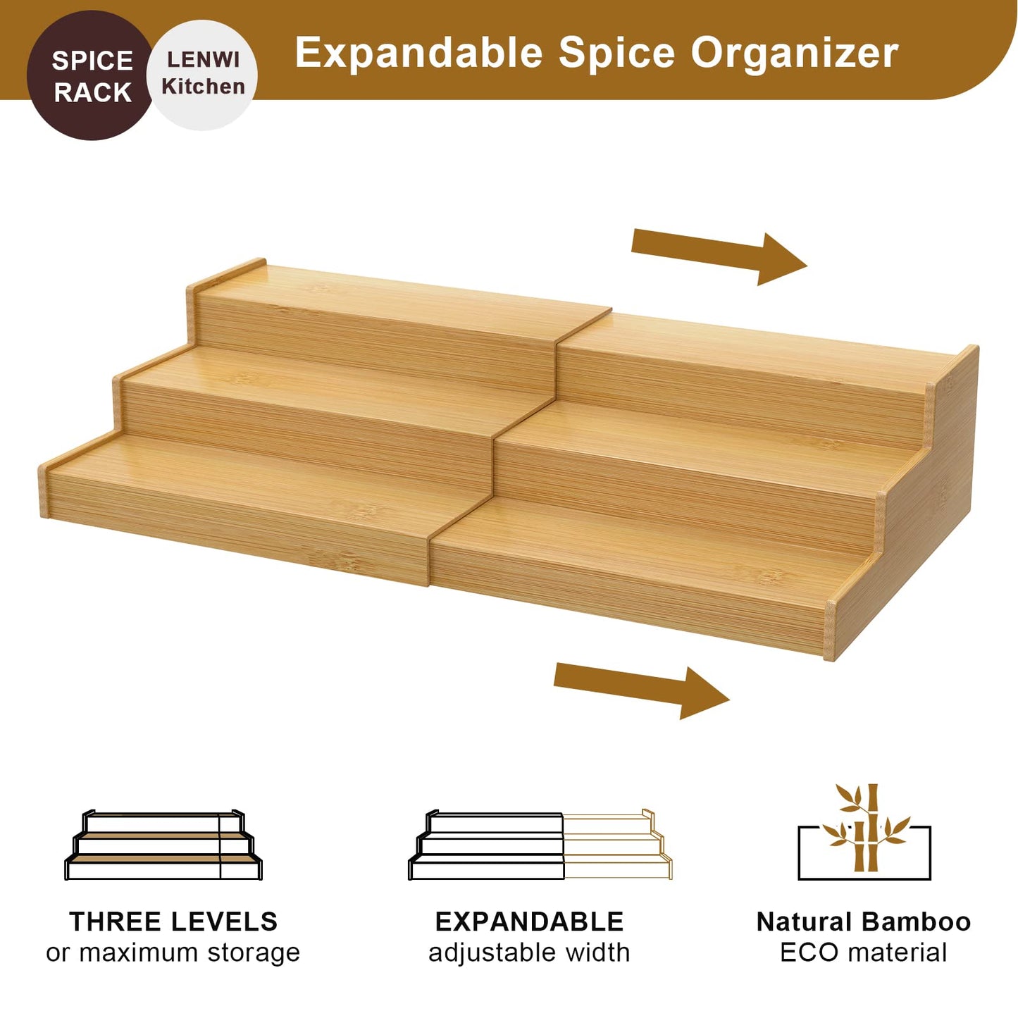 Lenwi Spice Rack Organizer for Cabinet 2Pack, 3 Tier Expandable Bamboo Spice Storage, Great for Kitchen Cabinet, Cupboard,Pantry and More(Natrual)