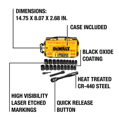 DEWALT Impact Socket Set with Ratchet, Metric/SAE, 1/2" Drive, 23-Piece Set with Case (DWMT74739)﻿ ﻿