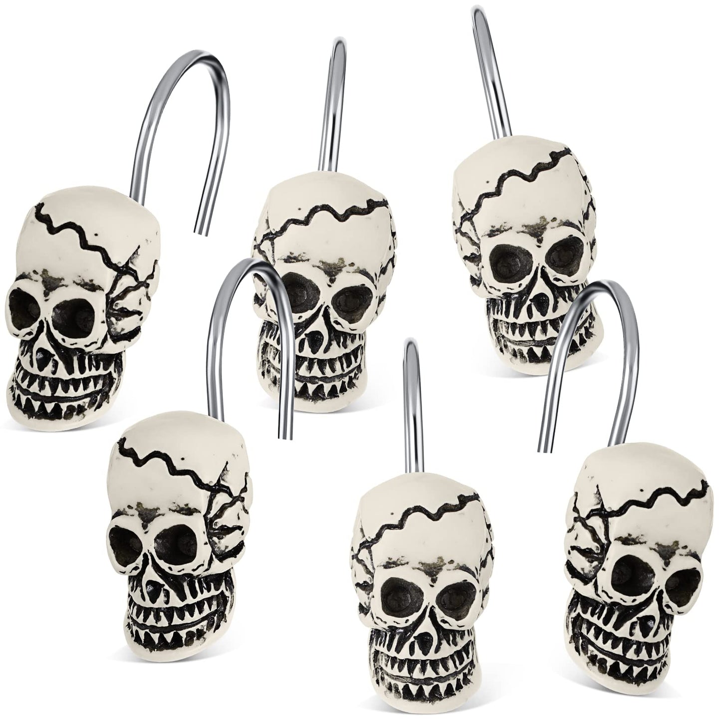Jetec 12 Pcs Skull Shower Curtain Hooks Halloween Shower Rings Decorative Skeleton Curtain Hook Rings Stainless Steel Bathroom Hooks with Skull Decor for Home Halloween (Spooky Style)