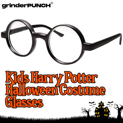 grinderPUNCH Kids Childrens Wizard Nerd Round Black Frame Glasses, Clear Lens (Age 4-12)