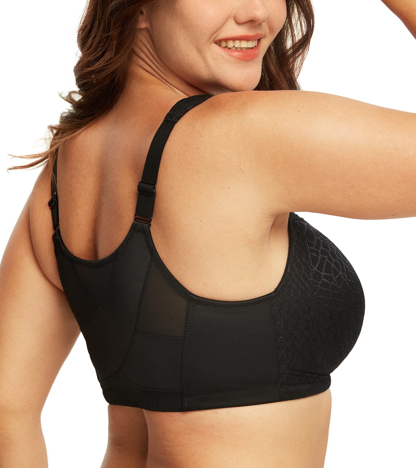 DotVol Women's Full Figure Front Closure Wirefree Jacquard Back Support Posture Bra(Black,44DDD)