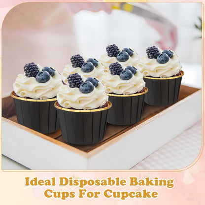 Gandeer 300 Pack Black Gold Cupcake Liners Bulk Disposable Foil Muffin Cups 3.5 oz Wrappers for Baking Aluminum Paper Mini Metallic Disposable Holiday Party Wedding Festival Supply