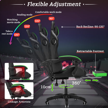 Gaming Chair Massage with Bluetooth Speakers and Lights Ergonomic Computer Game Chair with Footrest LED RGB Lights High Back Music Video Game Chair with Lumbar Support Green and Black