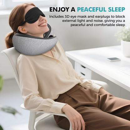 FIOGIKO Travel Neck Pillows for Airplanes, 360° Ergonomic Memory Foam Travel Pillow - Relief Neck Pain with Breathable Support for Long Flights, Car, Train & Office Use - Adults & Kids