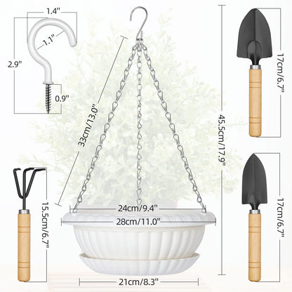 Hanging Planters, 5 Pcs 11" Hanging Pots, White Hanging Flower Pots, Hanging Plant Pots Baskets for Plants with Drainage Trays, Hanging Chains and Ceiling Hooks, Come with Free Garden Tools Set