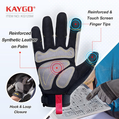 KAYGO Work Gloves For Men, KG125M Mechanic Utility Work Gloves for All Purpose, Excellent Grip, Heavy Duty, Improved Dexterity, Touch Screen, Large