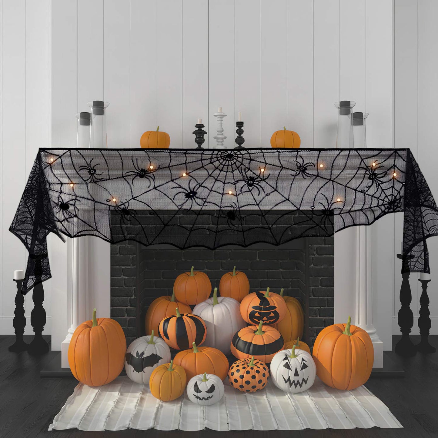 FUN LITTLE TOYS Halloween Decorations Indoor - Mantel with String Lights Lace Spiderweb Decor Inside for Home Party Supplies (18 x 96 inch)