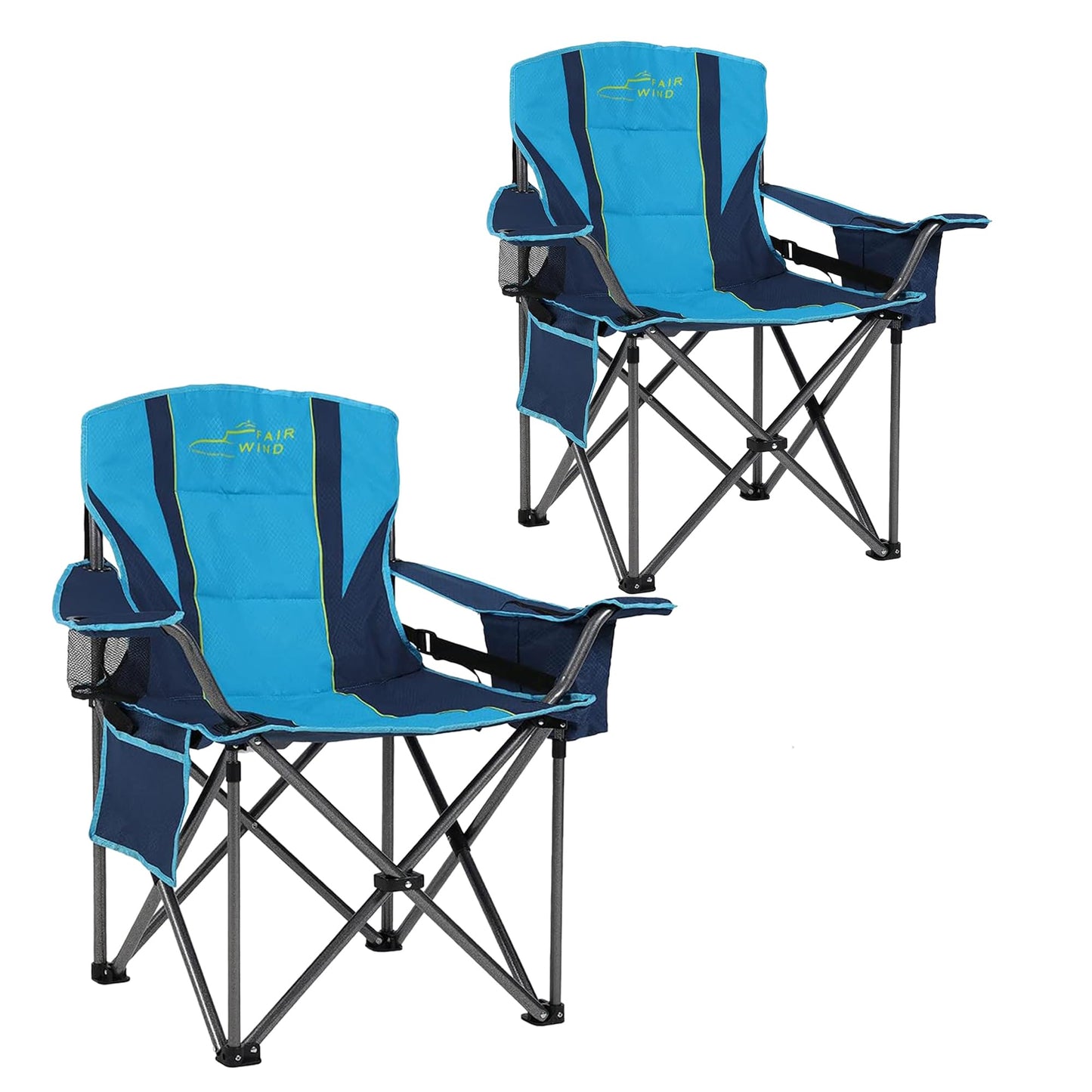 FAIR WIND 2 Pack Oversized Fully Padded Camping Chair with Lumbar Support, Heavy Duty Cooler Bag Fold Chair Support 450 LBS, Blue Green