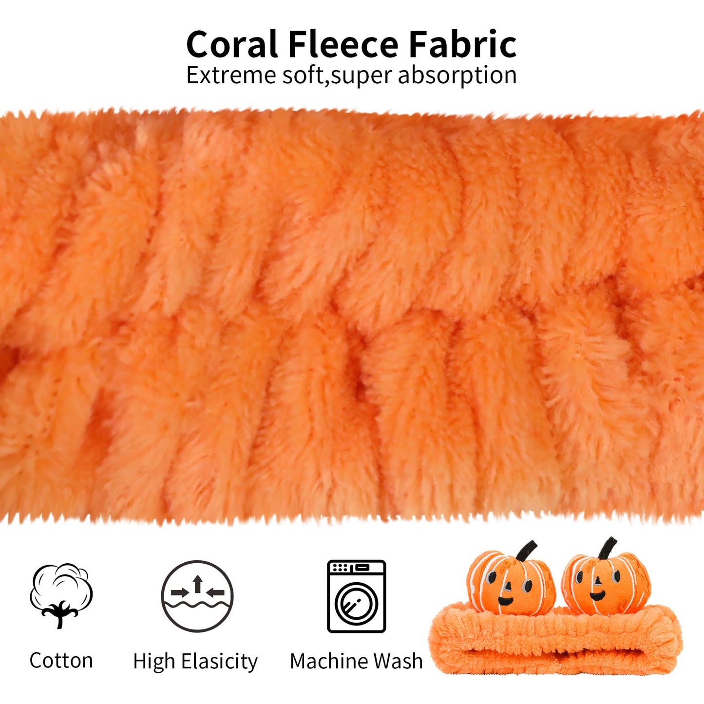 FlyingMage Spa Headband for Washing Face, 2 Pack Cute Halloween Hair Band for Shower Yoga Beauty, Fluffy Makeup Headband, Kawaii Facial Headbands for Woman Girls, Orange+Black Pumpkin