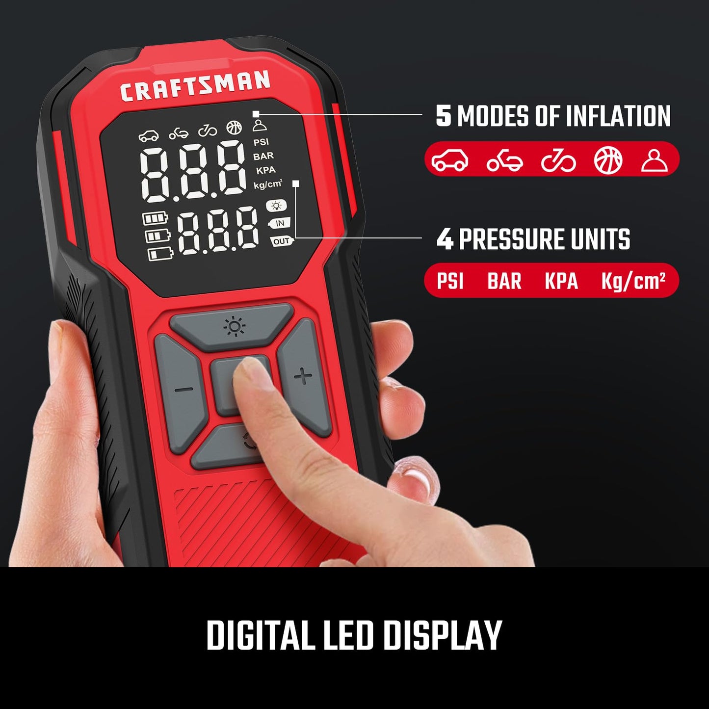 CRAFTSMAN Tire Inflator Portable Air Compressor, Cordless Mini Air Pump for Car Tires with Digital Tire Pressure Gauge, 6000mAh Battery Powered Air Pump, Max Pressure 150 PSI, 12V DC Corded
