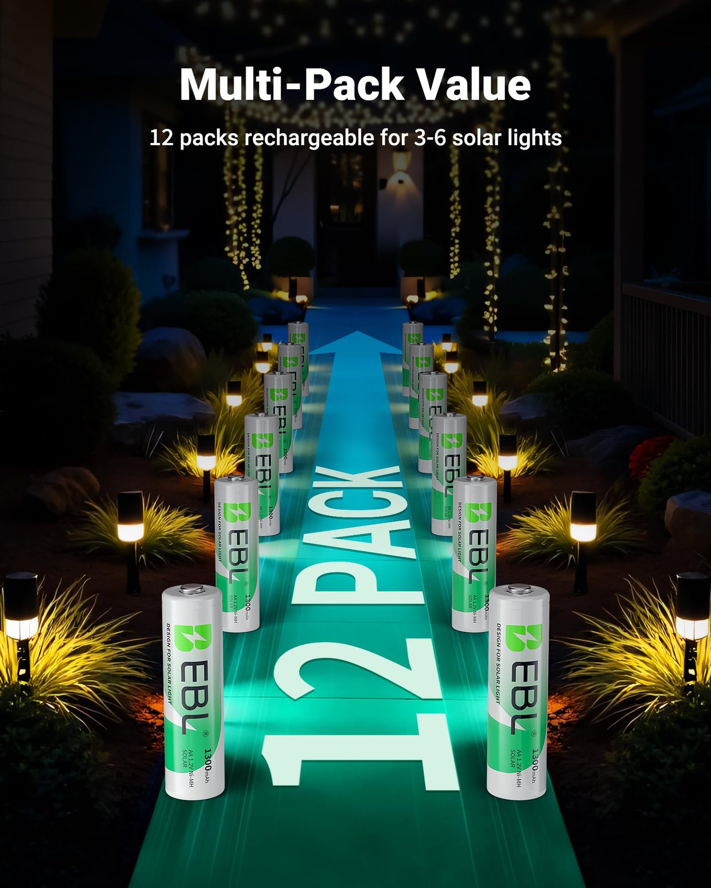 EBL Solar AA Battery Rechargeable Batteries for Outdoor Solar Lights, 1300mAh NIMH Pre-Charged 1.2V Recharge up to 1200x Times for Garden Landscaping String Lights, Pack of 12