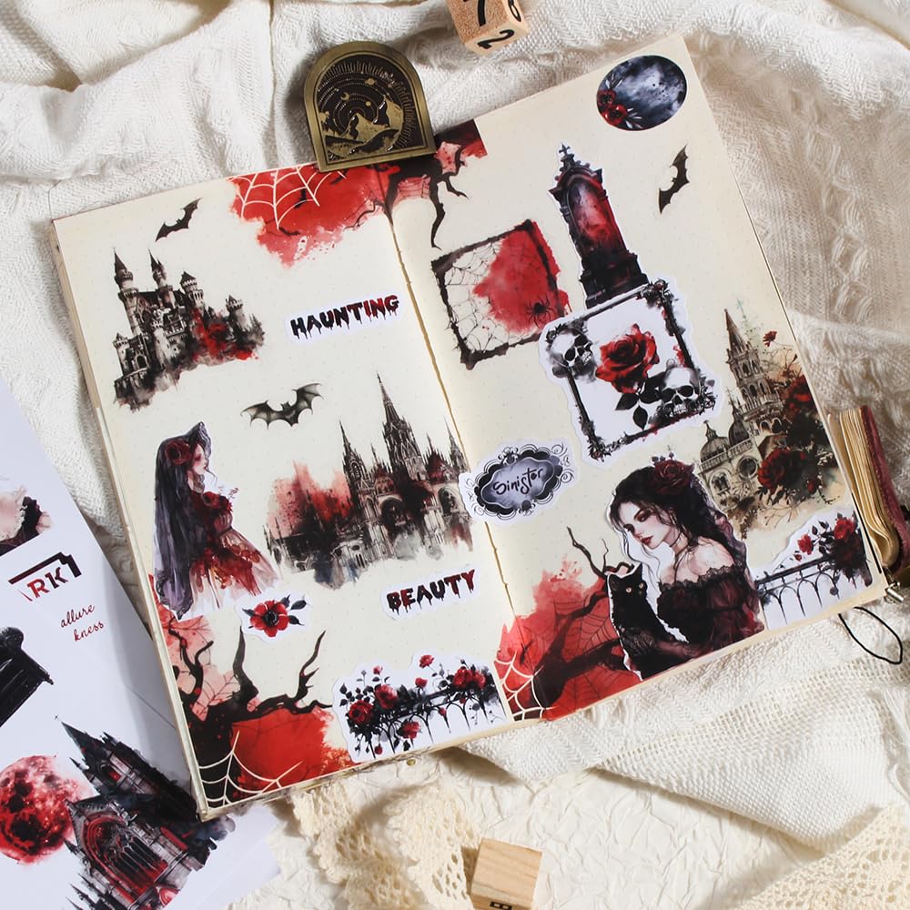 Dwetpzo Halloween Precut Scrapbook Sticker Book for Adults, Transparent PET & Writing Paper Stickers, Adhesive Sticker for Journaling, Junk Journals, Scrapbooking Supplies, 20 Sheets, A5