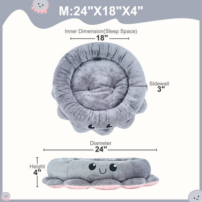 Jiupety Cute Calming Dog Beds Clearance for Medium Small Dogs, Anxiety Bolster Dog Bed with Octopus Shape, Grey, M, Boho, Round Pet Bed Cat with Removable Cushion