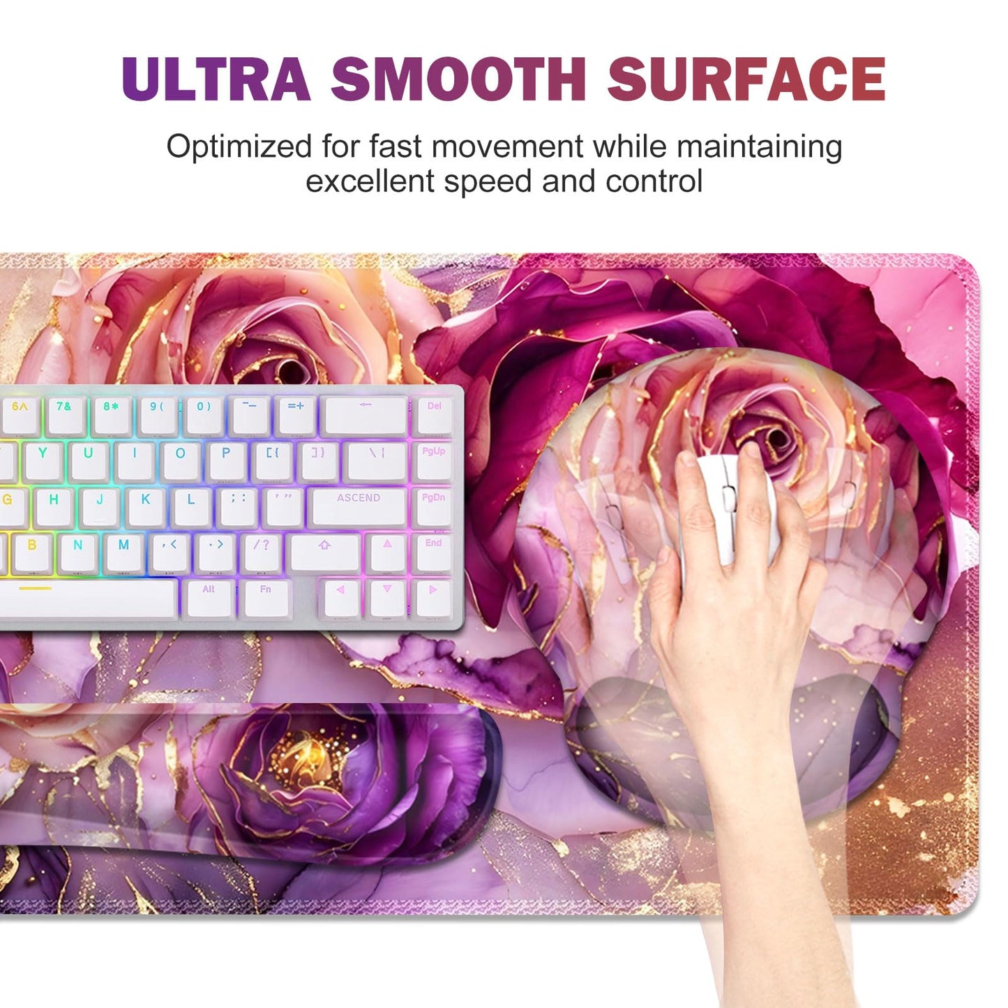 Gaming Mouse Pad, Large Desk Mat, Cute Desk Pad Protector, 4in1 XXL Mousepad + Keyboard Wrist Rest+Mouse Wrist Rest+Coaster Set with Ergonomic Desk Pad for Home Office PC, Marble Rose Purple Flowers