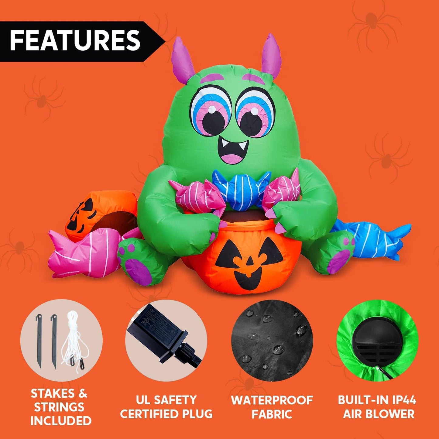 Joiedomi 5 Ft Long Cute Halloween Inflatables Monster with Candies Outdoor Decorations, Blow Up Monster with Build-in LEDs Halloween Inflatables for Indoor, Outdoor, Yard, Garden, Lawn Decorations