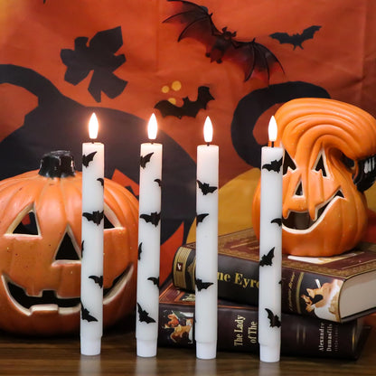 Lasumora Halloween Flameless Taper Candles with Remote Timer, 4 Pack LED Flickering Candlestick, 9.65 Inch Battery Operated Real Wax Candles with Bat Prints for Halloween Decorations
