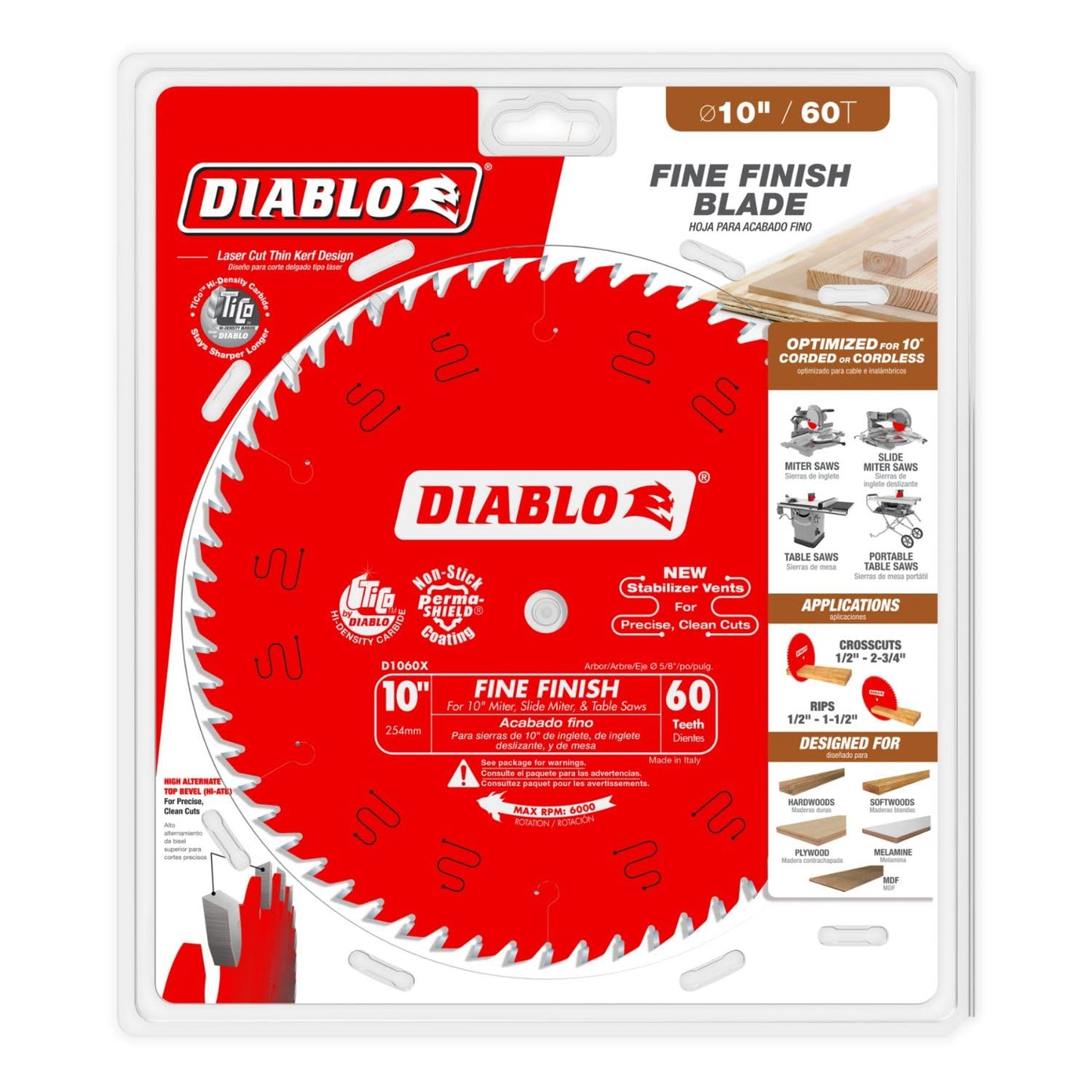 Diablo Fine Finish Saw Blade for Wood - Ultra-Smooth Cuts, 60 Hi-ATB Teeth, 10" Diameter, .098" Kerf, 5/8" Arbor - D1060X