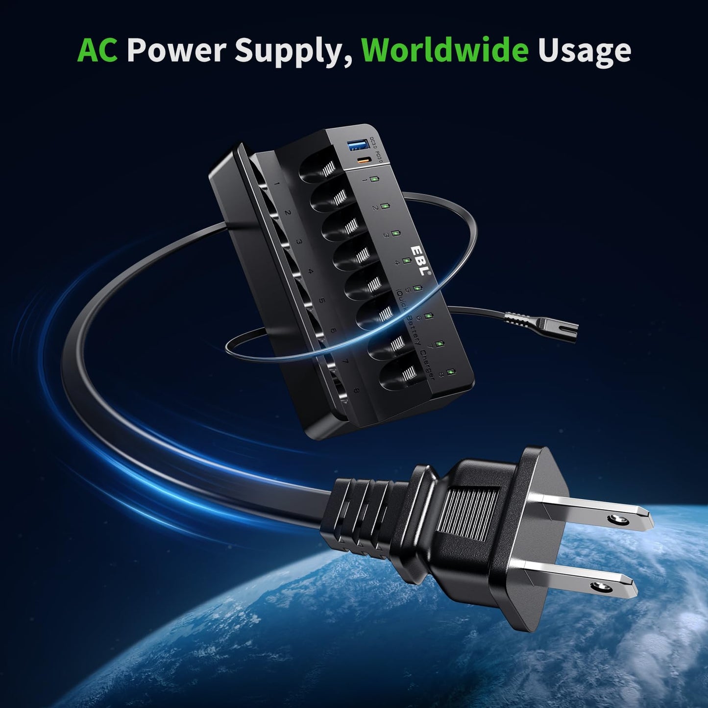 EBL 8 Bay Fast Rechargeable Battery Charger for AA AAA Ni-MH Ni-CD Batteries with PD 20W USB C and USB A Output Port