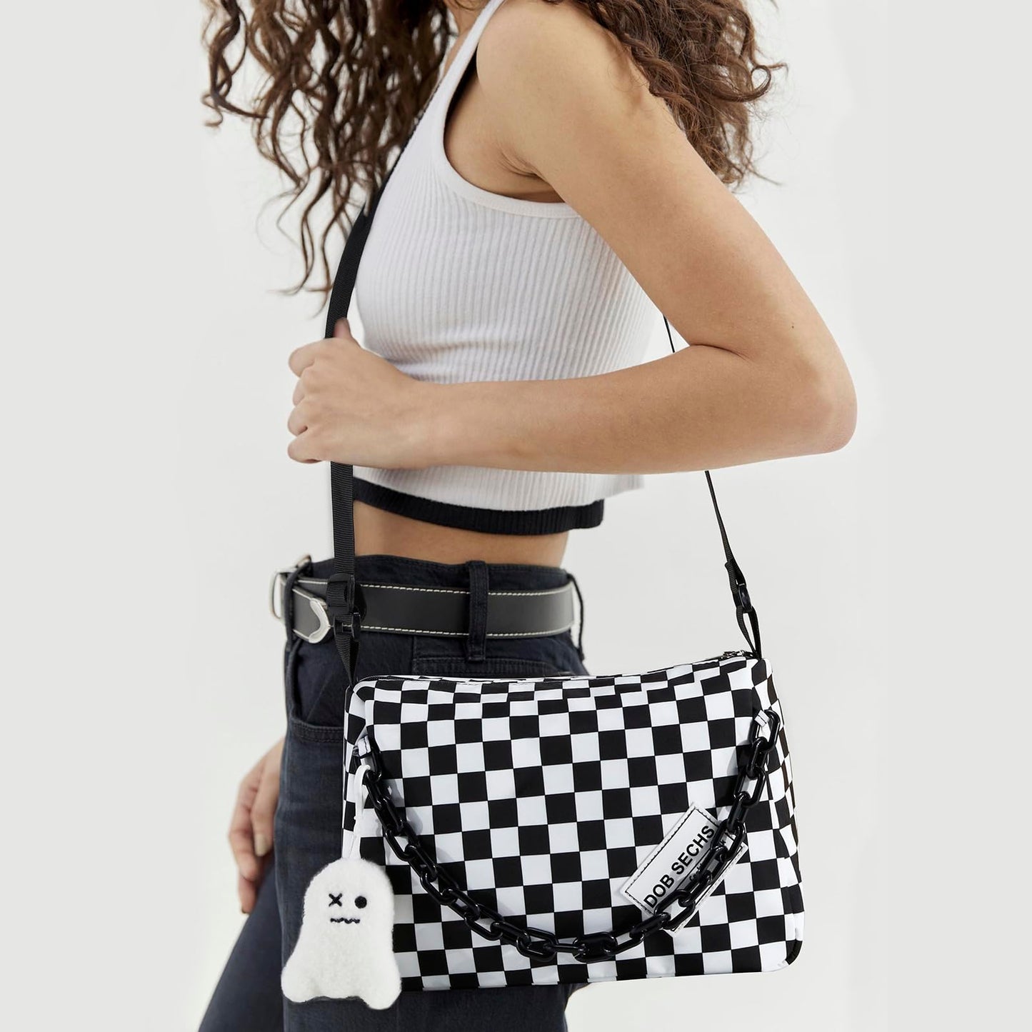 DOB SECHS Crossbody Purse Bag for Women Small Shoulder Hobo Bag Messenger Bag with Kawaii Pins and Pendent (Checkered - L)