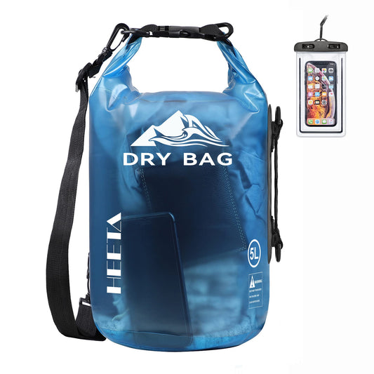 HEETA Dry Bag Waterproof for Women Men, Roll Top Lightweight Dry Storage Bag Backpack with Phone Case for Travel Swimming Boating Kayaking Paddle Board Camping Beach Accessories (Transparent Blue, 5L)