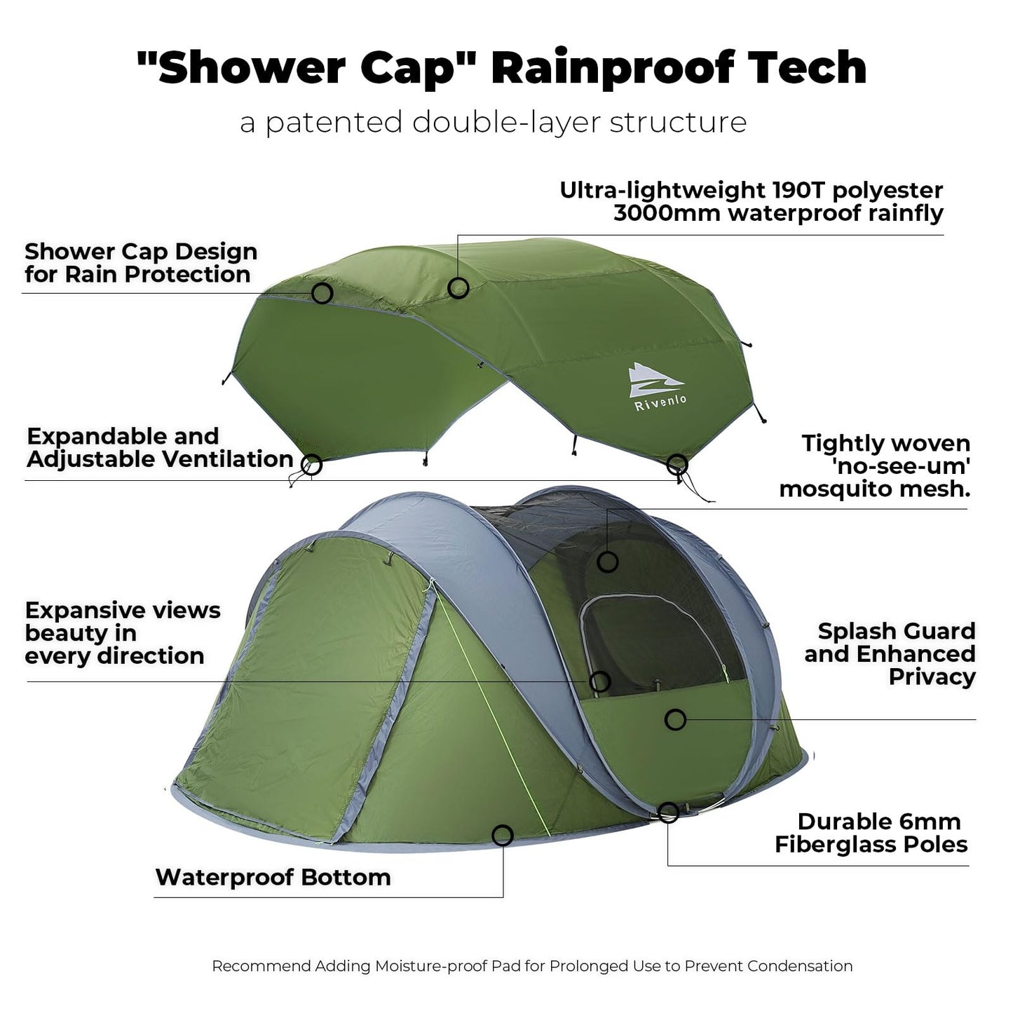 4 Person Easy Pop Up Tent,9.5’X6.6’X52'',Waterproof, Automatic Setup,2 Doors-Instant Family Tents for Camping, Hiking & Traveling