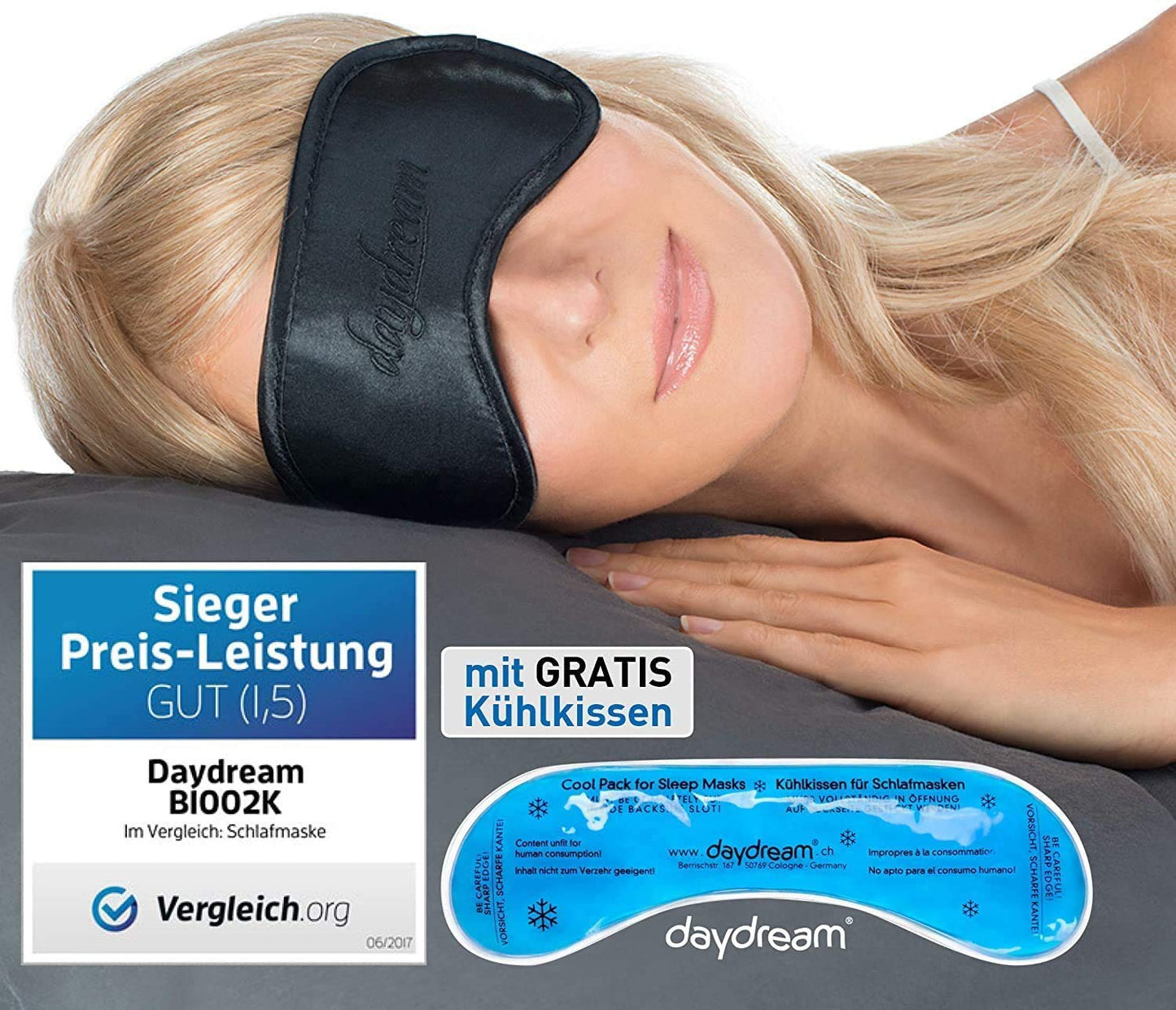 daydream Sleeping Mask for Men and Women with Free Cooling Pad (= Cooling Mask) – Test Winner – Sleeping Goggles – Eye Mask Black (B-1002K)