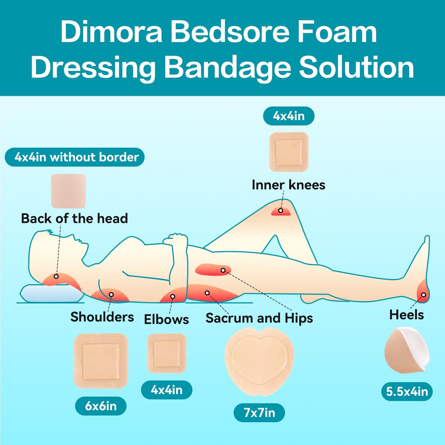 Dimora Wound Dressing Sacrum Foam Bandages Silicone Adhesive Border 7.08"x7.08" Waterproof Sacral Pads Absorbent Breathable Bed Sore Pressure Dressing