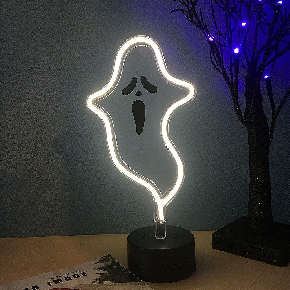 Halloween Ghost Neon Sign, Spooky White Ghost Novelty Light Table Decor, USB or Battery Powered Halloween Light for Bedroom, Kitchen, Party Decorations