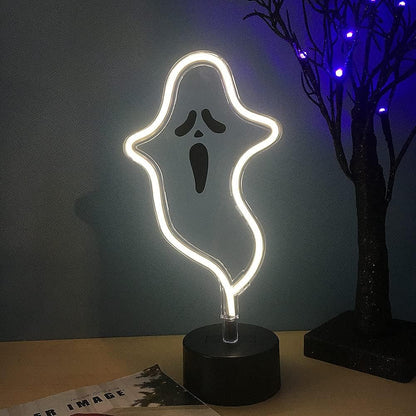 Halloween Ghost Neon Sign, Spooky White Ghost Novelty Light Table Decor, USB or Battery Powered Halloween Light for Bedroom, Kitchen, Party Decorations