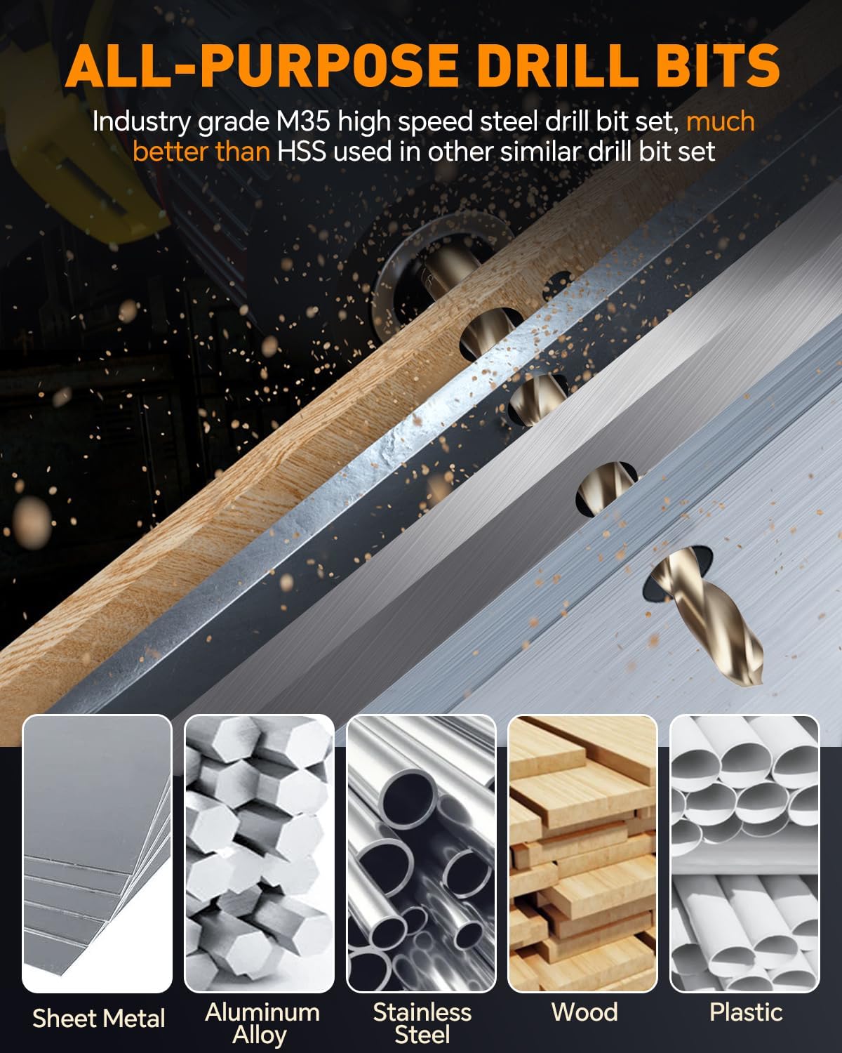 COMOWARE 21Pcs Drill Bit Set (1/16"-3/8"), M35 HSS Twist Drill Bits, Jobber Length, Straight Shank, Metal Drills bit Set for Steel, Stainless Steel/Iron/Wood/Plastic, with Metal Indexed Storage Case