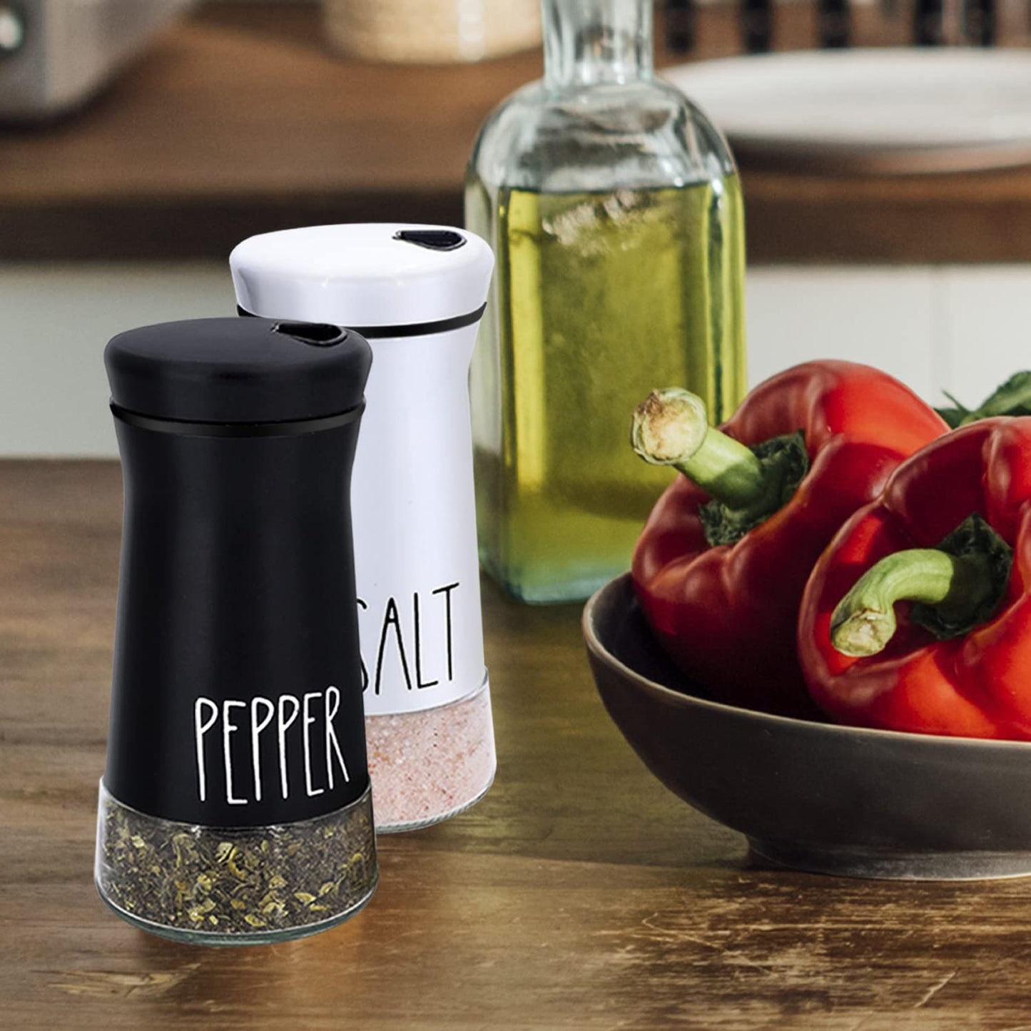Farmhouse Salt and Pepper Shakers with Adjustable Pour Holes, Refillable Salt Shaker by Aelga, Ideal for Himalayan, Kosher, Black and White Pepper