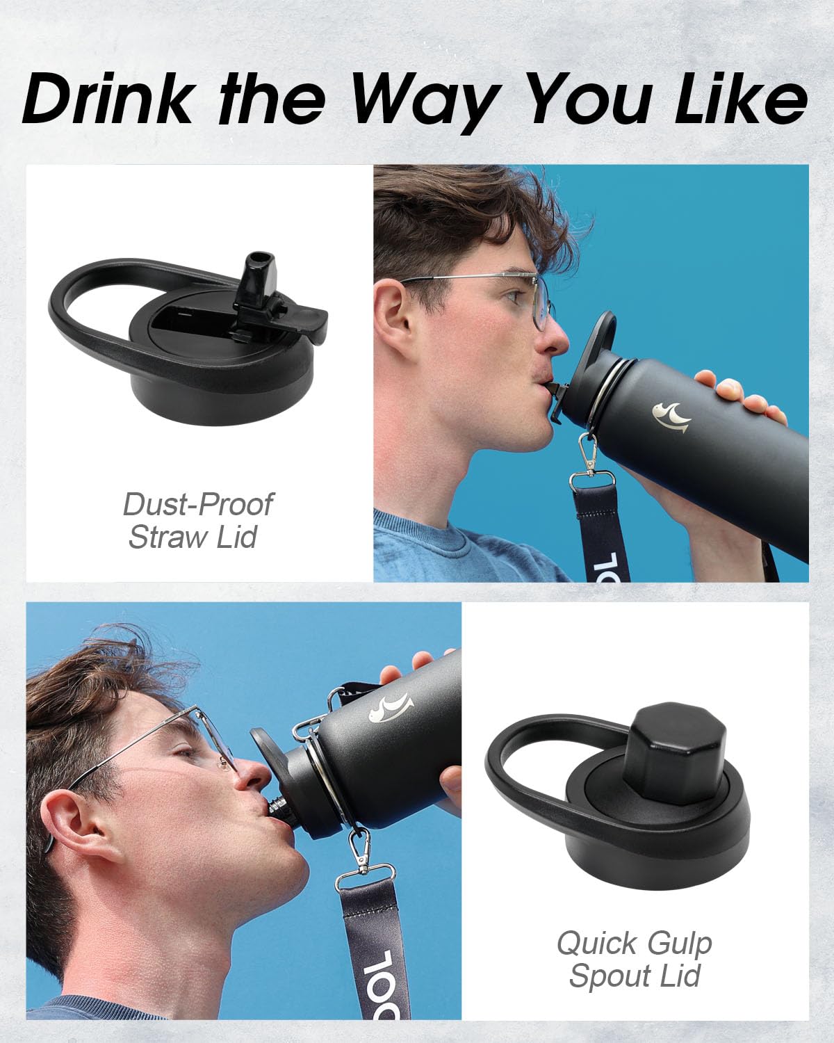 Coolflask 40 oz Water Bottle with Strap, Insulated Metal Water Flask with Straw & Spout Lids, Stainless Steel Double Wall Vacuum, Keep Cold 48h Hot 24h, Leak Proof & Non-BPA, Magic Black