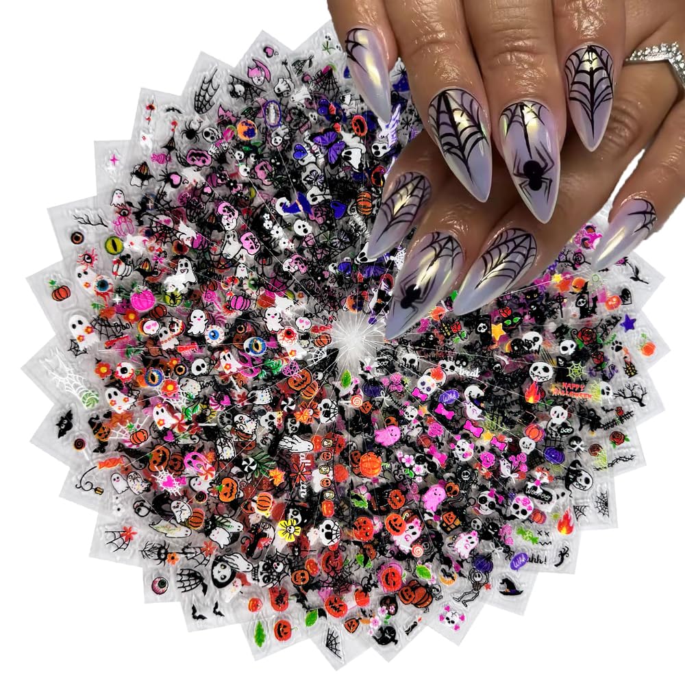 30 Sheet Halloween Nail Art Stickers Decals Cute Ghost Pumpkin Design Spider Web Scary Eyes Acrylic Nails Supplies for Women Manicure Decorations