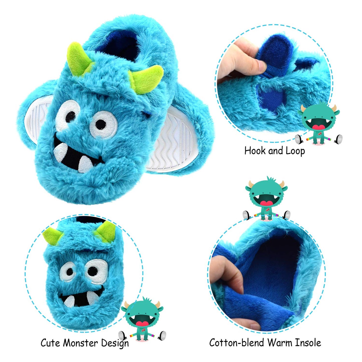 LA PLAGE Boys Slippers for Kid Cotton-Shaped Monster Upper House Cartoon Slippers Size Toddler 9 US Blue