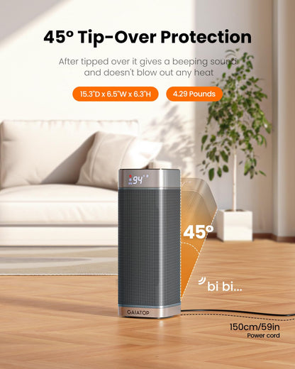 Gaiatop Space Heaters for Indoor Use, Portable Electric Heater with Thermostat, 1500W PTC Ceramic Room Heater with Remote, 5 Modes, 60° Oscillating, 12H Timer Fast Heating Bedroom Office Bathroom Home