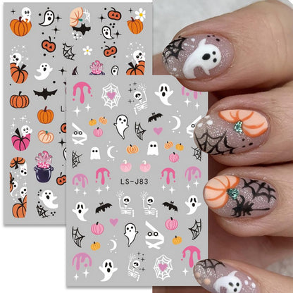 Halloween Nail Art Stickers Cute Ghost Pumpkin 3D Self-Adhesive Nail Decals Bat Cat Skull Designs Nail Decorations Halloween DIY Manicure Supplies for Women Girls&Kids 6Pcs