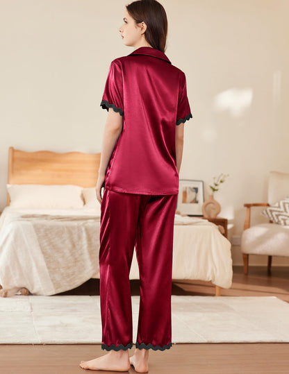 Ekouaer Womens Silk Satin Pajamas Set Button Down 2 Piece Pjs Short Sleeve Long Pants Sleepwear Lounge Set, Wine Red, XL