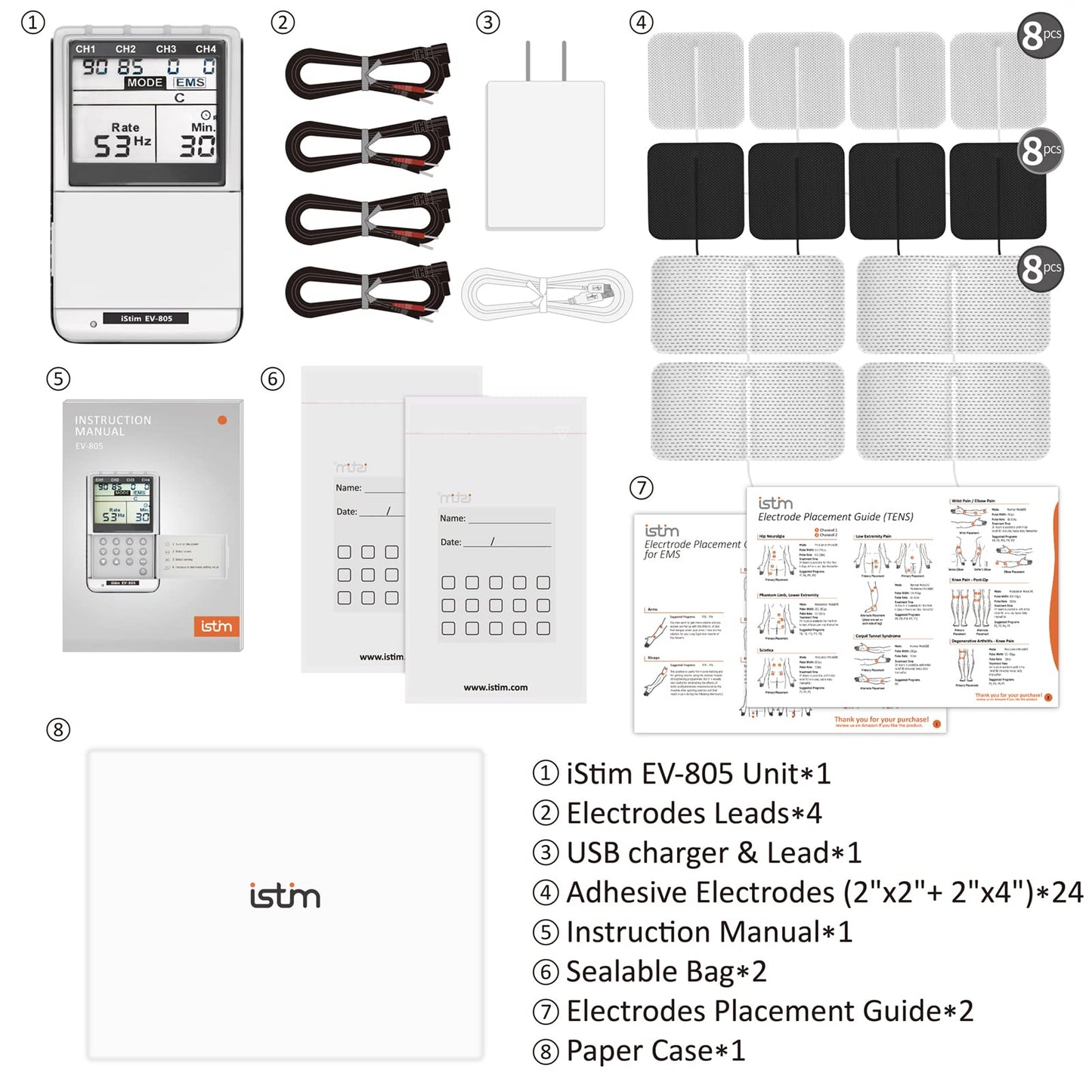 iSTIM EV-805 TENS EMS 4 Channel Rechargeable Combo Machine Unit - Muscle Stimulator + Back Pain Relief and Management- 24 Programs/Backlit (Including Electrodes Pads)