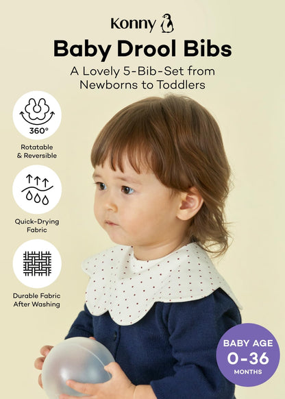 Konny Baby Bibs 5-Pack, 360 ° Rotate, Soft and Absorbent Bandana for Drooling and Teething Newborn Boys Girls Baby Essentials (Set 4 - Mint, Pink, Beige, Wine Dot, Creamy Gingham)