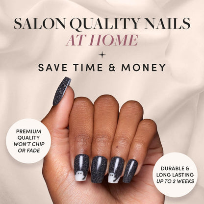 Glamnetic Press On Nails - Phantom Glow | Opaque Black Glitter & Glow-in-the-Dark Ghost Medium Coffin Fake Halloween Nails, Salon Quality | 15 Sizes - 30 Nail Kit