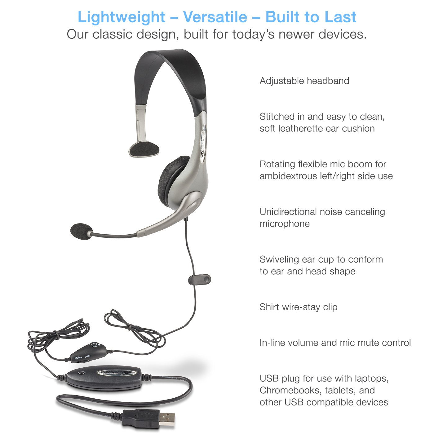 Cyber Acoustics USB Mono AC-840 Headset, Headphone with microphone, Great for Education, Office and Call Centers (AC-840)