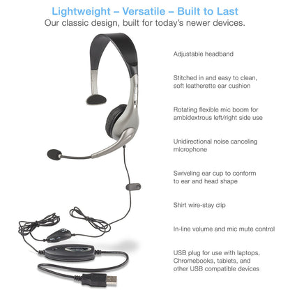 Cyber Acoustics USB Mono AC-840 Headset, Headphone with microphone, Great for Education, Office and Call Centers (AC-840)