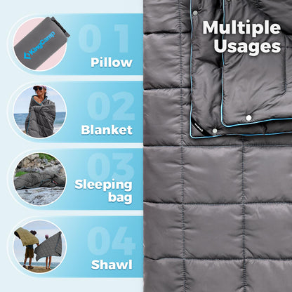 KingCamp Ultralight Camping Blanket, Packable Down Alternative Puffy Wearable Blankets Weatherproof Warm Package Quilt with Snap Buttons for Outdoor Hiking Travel Picnic Stadium (69" x 53", CHARCOAL)