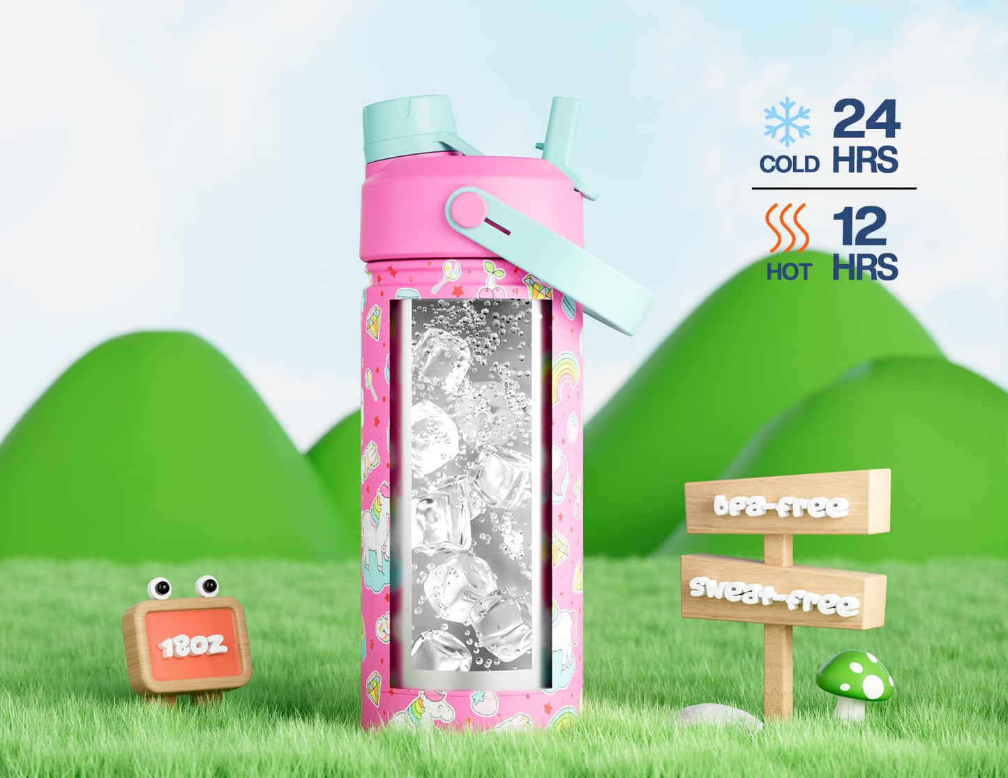 18 oz Kids Water Bottle for School: Leakproof, 2-in-1 Straw Spout Lid, BPA-Free, Easy Carry, Keep Cold 24H, Insulated Stainless Steel Cup for Backpack, Sports, Camping, Trip, Gift, Home (Cute Unicorn)