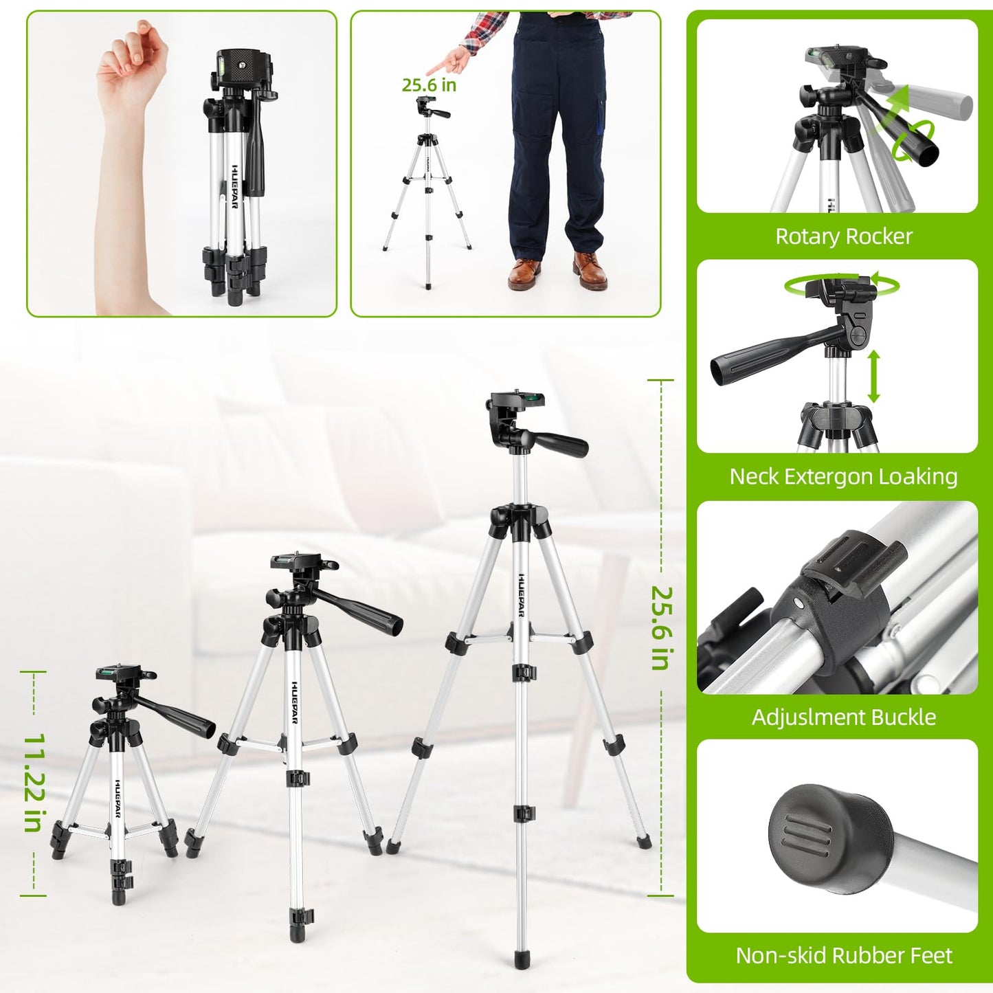 Laser Level with Tripod, HUEPAR 98Ft Self Leveling Laser Level Green Line Laser Cross Line Laser Leveler Tool for Picture Hanging, Tile, Home Renovation, Indoor Project, Battery&Carrying Bag Included