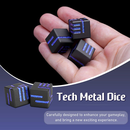 D6 Metal Dice, 16mm 6 Sided Dice Set, ZHOORQI 6Pcs/Set Tech-Themed New Concept Glittery Lines D6 Dice for DND, Tabletop RPGs Gifts（D6-Glitter Blue）