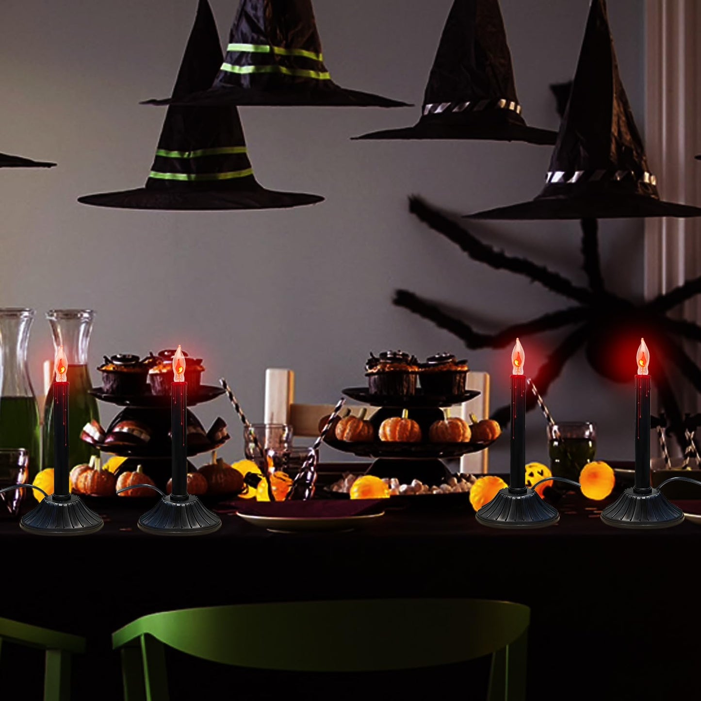 2 Pack Halloween Electric Window Candles, Black Halloween Decorations Candle Lights with 4 C18 Flicker Flame Bulbs, Plug in Electric Candles Flickering for Window Table Home Centerpiece Holiday