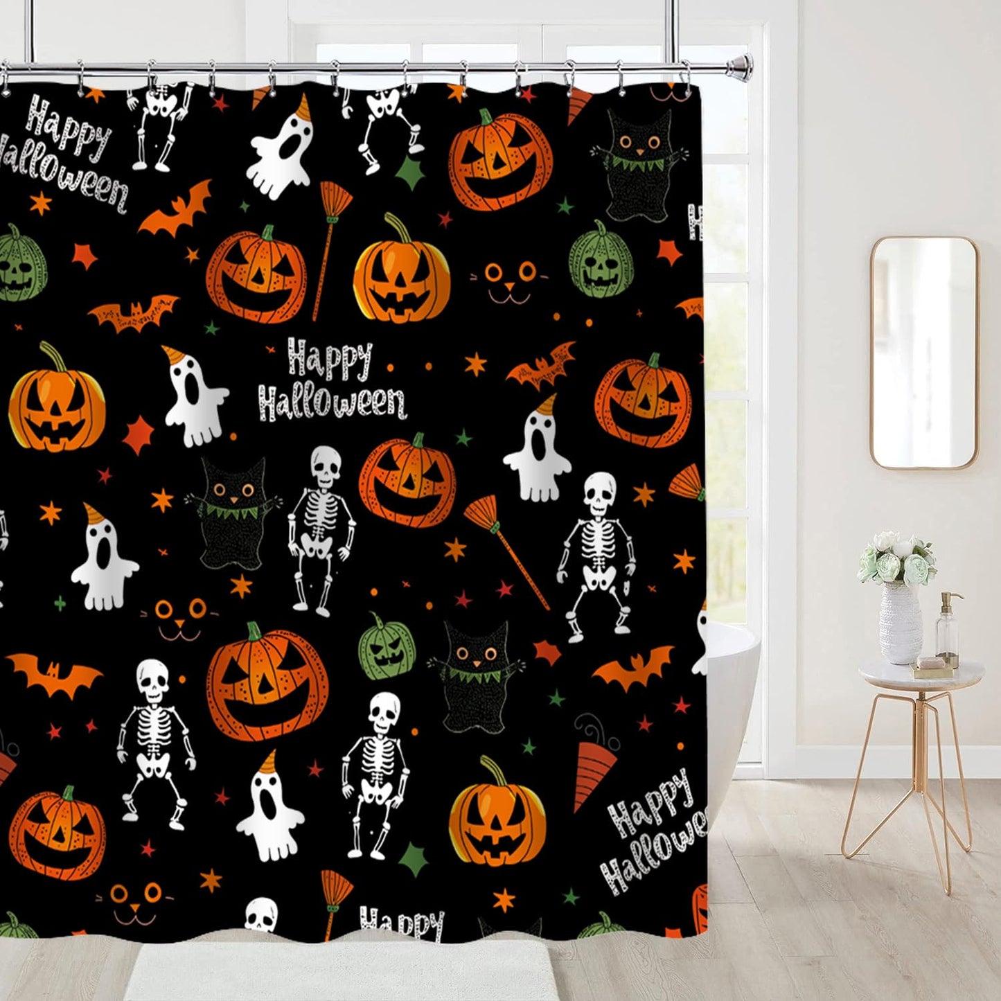 Cnayuep Halloween Shower Curtain, Black Fall Shower Curtains for Bathroom, Horror Skeleton Halloween Curtains Ghost Shower Curtain Set for Bathroom Decor, Waterproof Bathroom Curtain 72"X72"