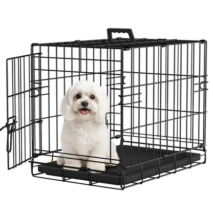 FDW Dog Crate for Small Dogs 18 Inch Folding Metal Wire Pet Cage Single Door W/Divider Panel Indoor Outdoor Kennel Leak-Proof Plastic Tray,Black